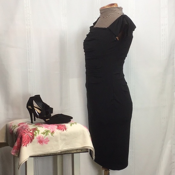 Lauren Black Ruched Lined Jersey with Cap and Bow Sleeves Cocktail Dress - Picture 4 of 16